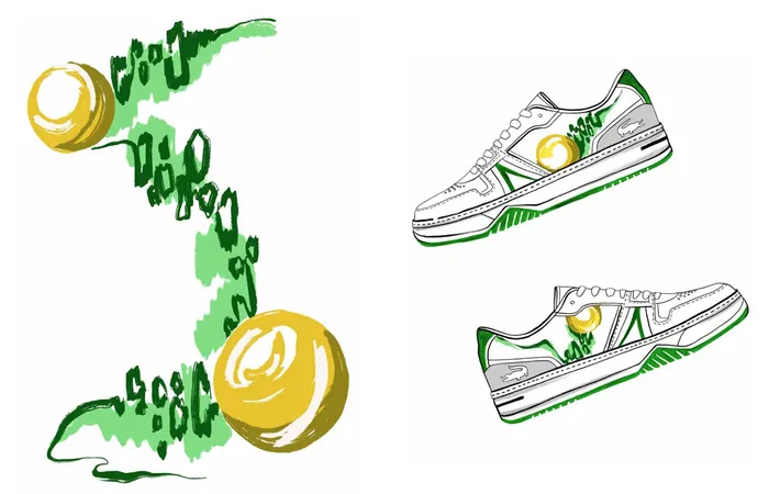 White tennis shoes with green and yellow tennis ball graphics