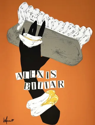 Black hand holding a large bone above Alexis Bolivar letters on orange background.