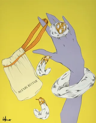 Purple hand with white accessories holding crystals and pouch