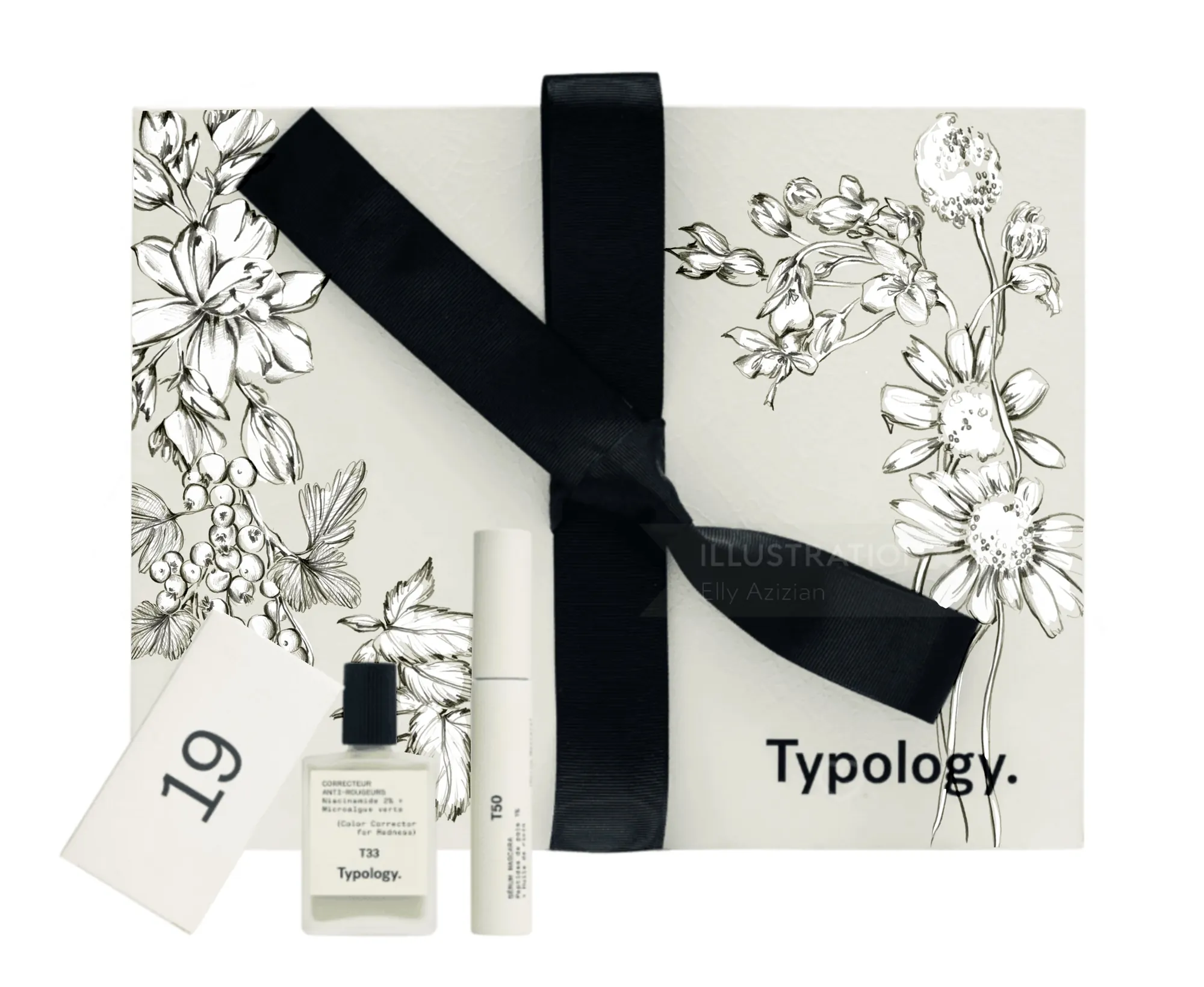 Typology skincare gift set with floral drawing and black ribbon by Elly Azizian