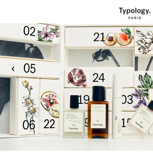 Typology Paris perfume bottles and floral fruit packaging by Elly Azizian