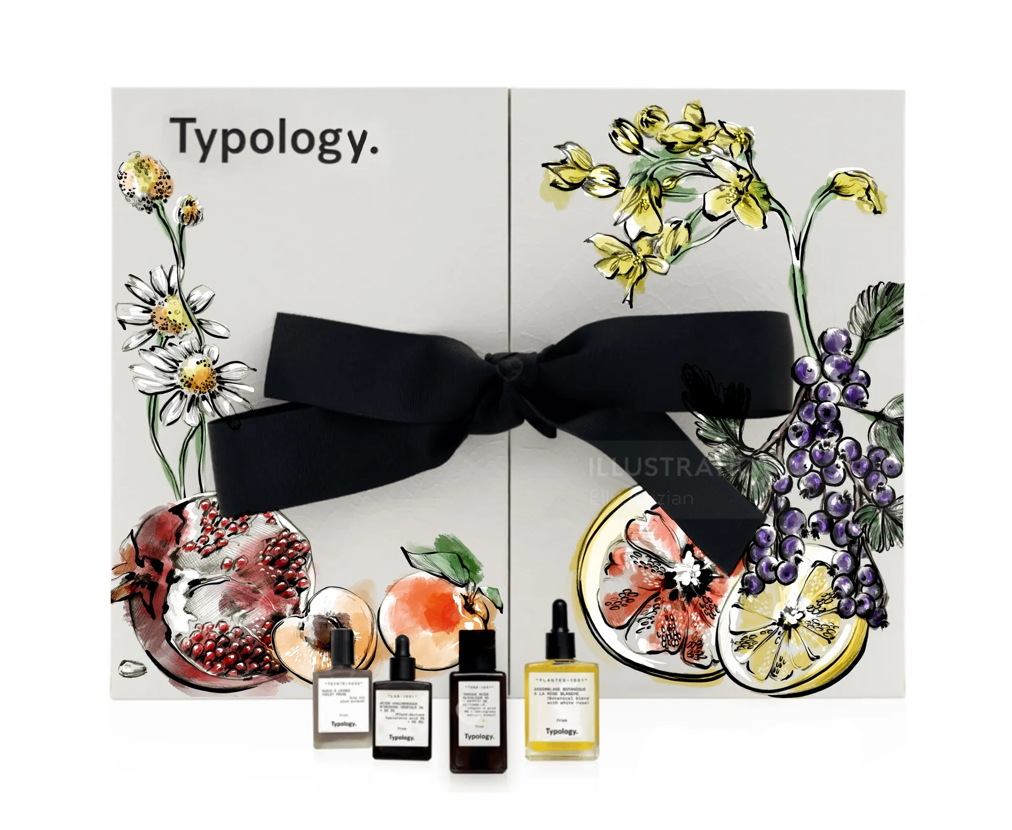 Conjunto de fragrâncias Typology com ilustração floral e amarrado com um laço preto por Elly Azizian
