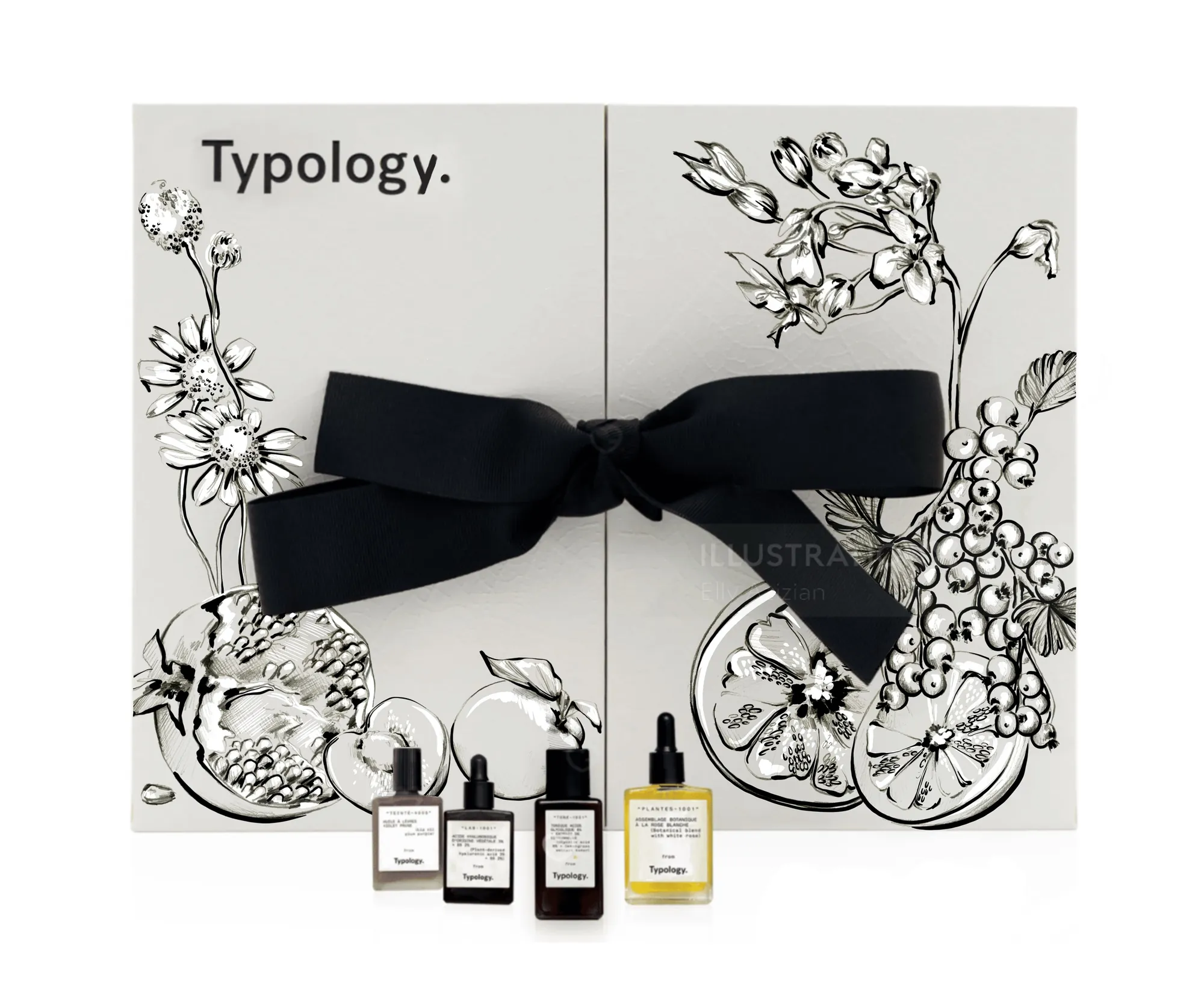 Typology skincare bottles with black ribbon and floral illustrated box by Elly Azizian