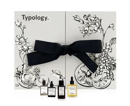 Typology skincare bottles with black ribbon and floral illustrated box by Elly Azizian