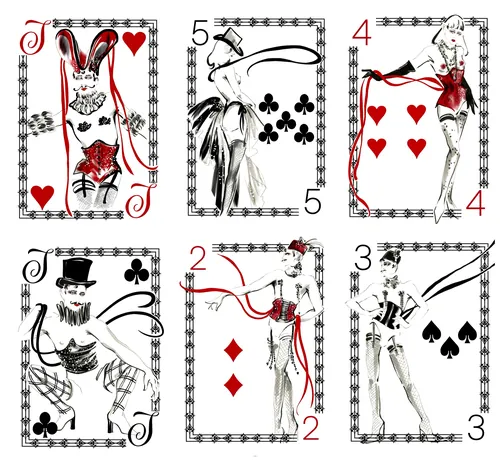 Vintage women illustrated on playing cards with hearts, clubs, diamonds, and spades by Elly Azizian