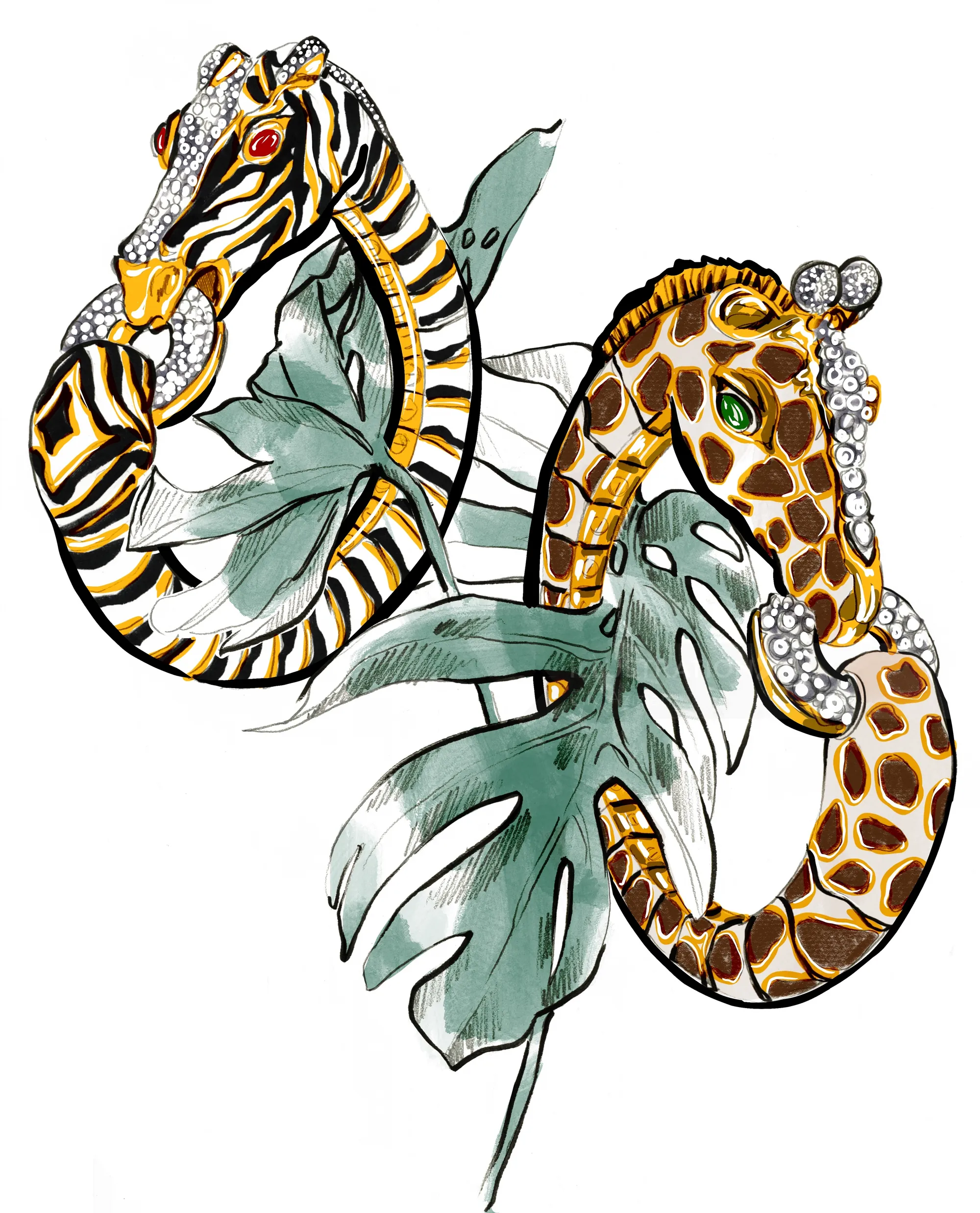 Zebra and giraffe with tropical leaves and bubbles by Elly Azizian
