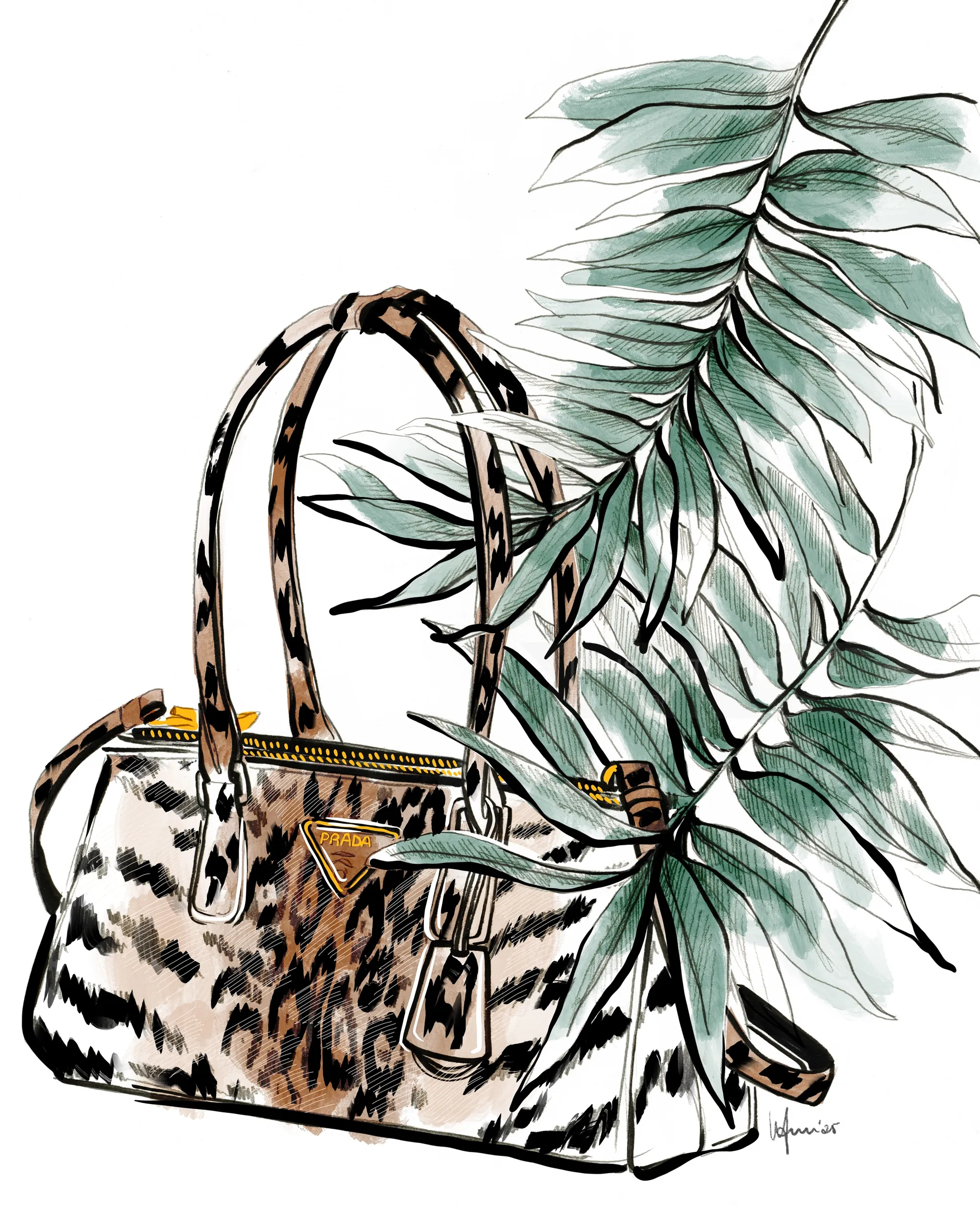 Bolsa de mão com estampa de leopardo e folhas tropicais da Elly Azizian