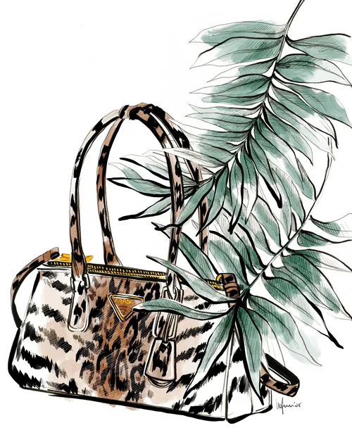 Leopard print handbag with tropical leaves by Elly Azizian