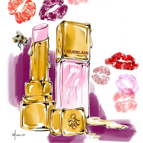 Illustration of Guerlain lipstick and nail polish with colorful kiss marks and a bee by Elly Azizian