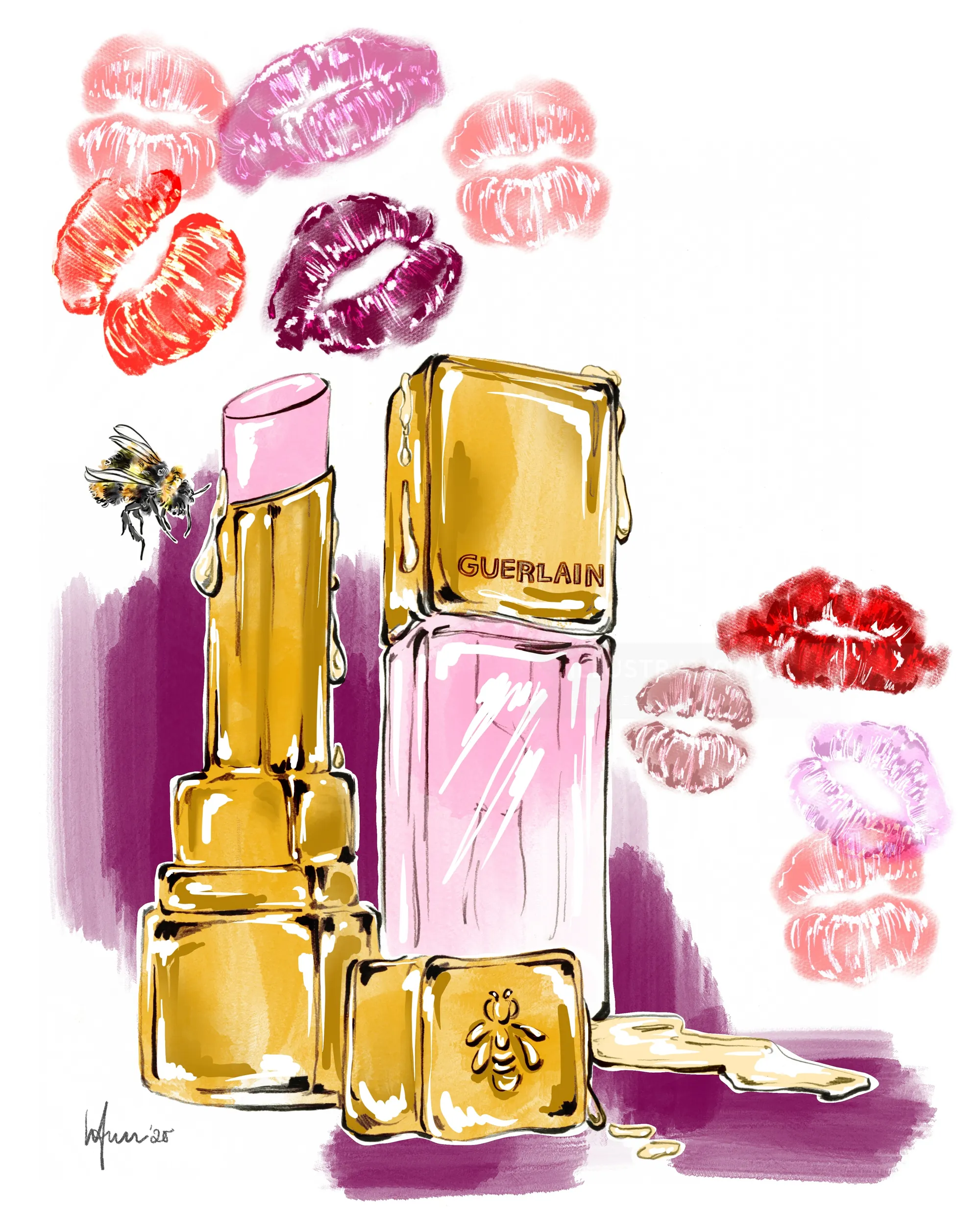 Ilustración de un pintalabios y un esmalte de uñas de Guerlain con coloridas marcas de besos y una abeja, realizada por Elly Azizian.