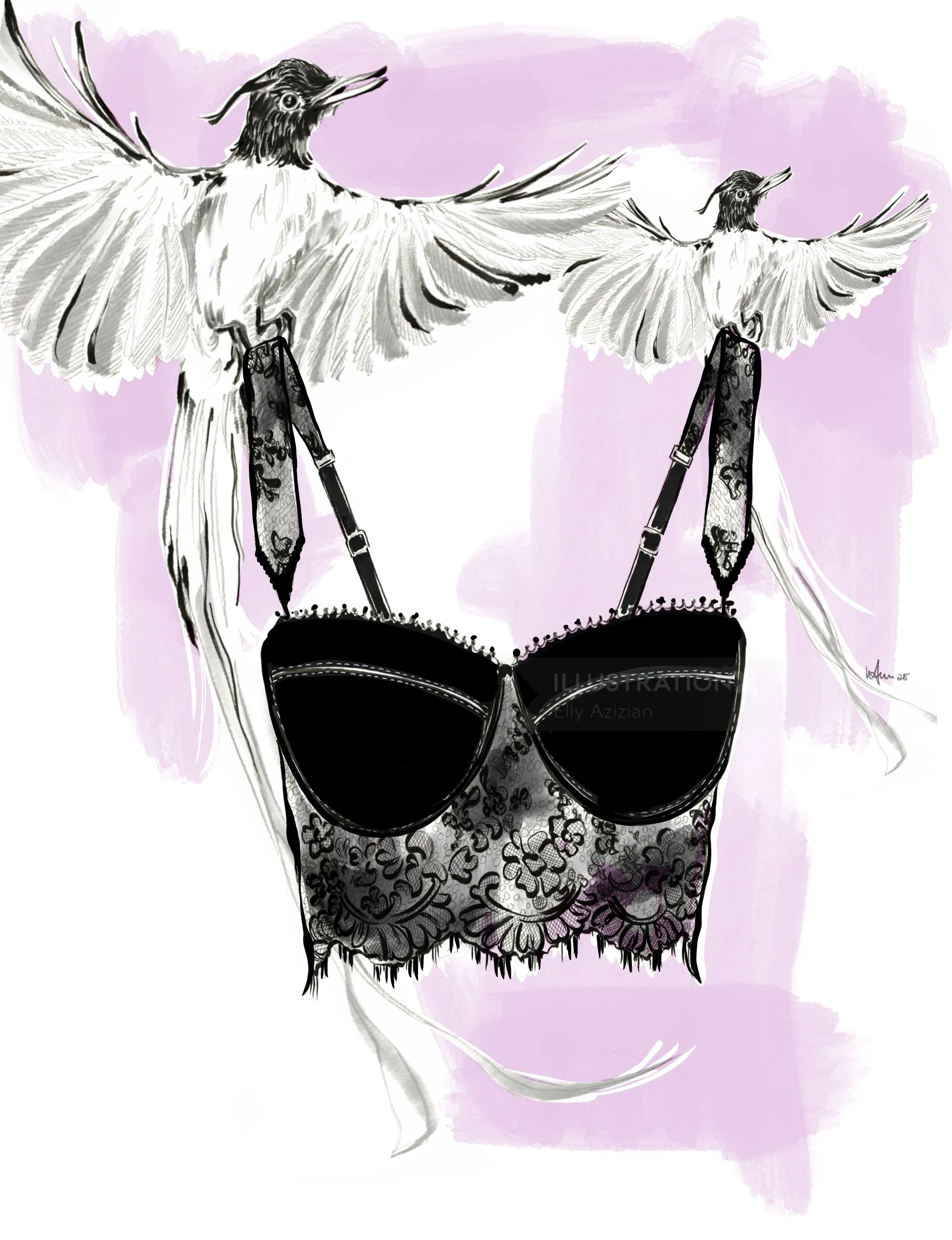 黒いレースのブラジャー、2羽の鳥がストラップを握っている水彩画風デザイン、作者：Elly Azizian