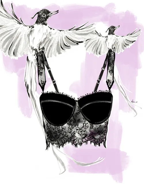 Black lace bra with two birds holding straps, watercolor style by Elly Azizian
