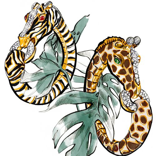 Seahorses with zebra and giraffe patterns surrounded by leaves by Elly Azizian