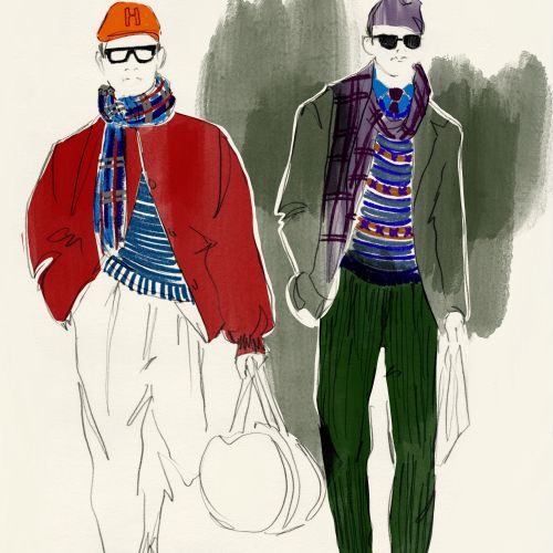 Fashion illustration of two men in layered fall outfits by Elly Azizian