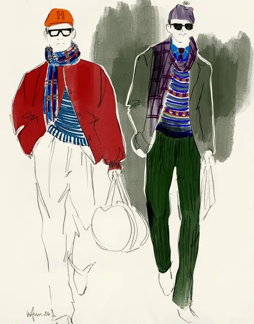 Fashion illustration of two men in layered fall outfits by Elly Azizian