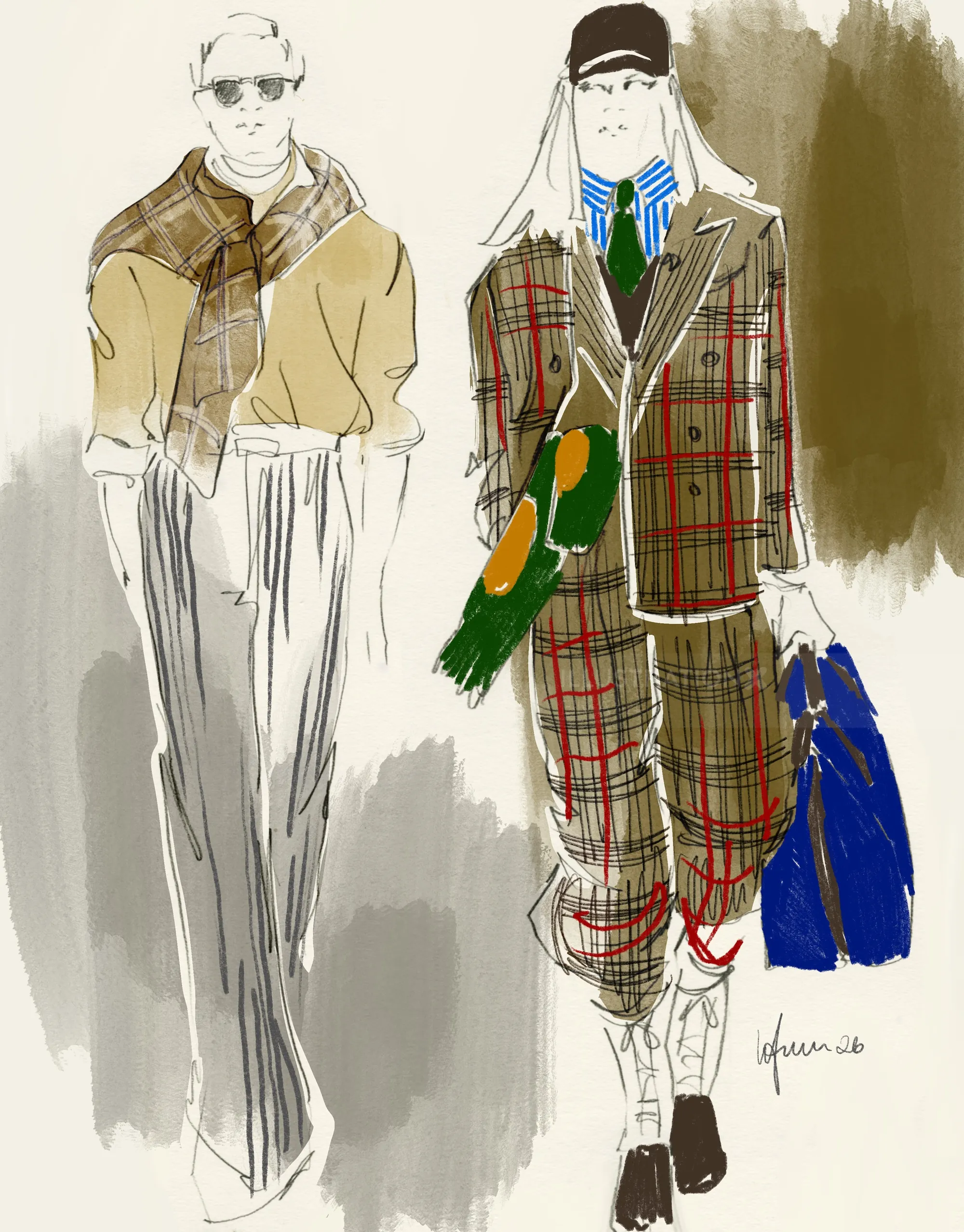 チェック柄の服を着た2人の人物を描いたファッションイラスト（作者：Elly Azizian）