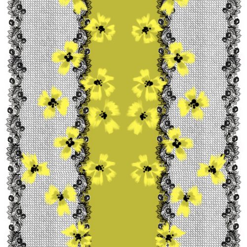 Yellow floral pattern with black lace on mesh background by Elly Azizian