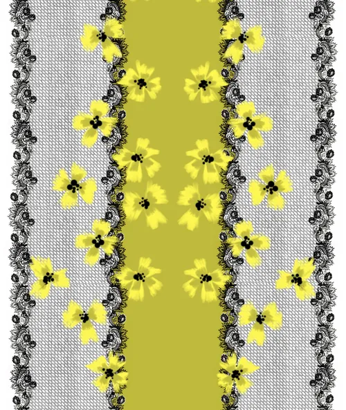 Yellow floral pattern with black lace on mesh background by Elly Azizian