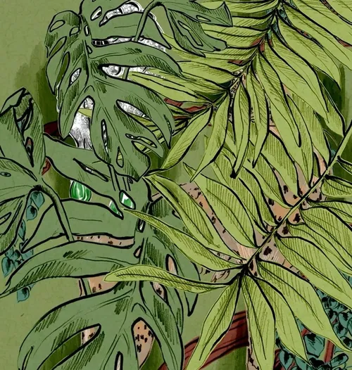 Illustration of green tropical leaves by Elly Azizian