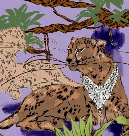 Two leopards in jungle with one wearing a decorative necklace by Elly Azizian
