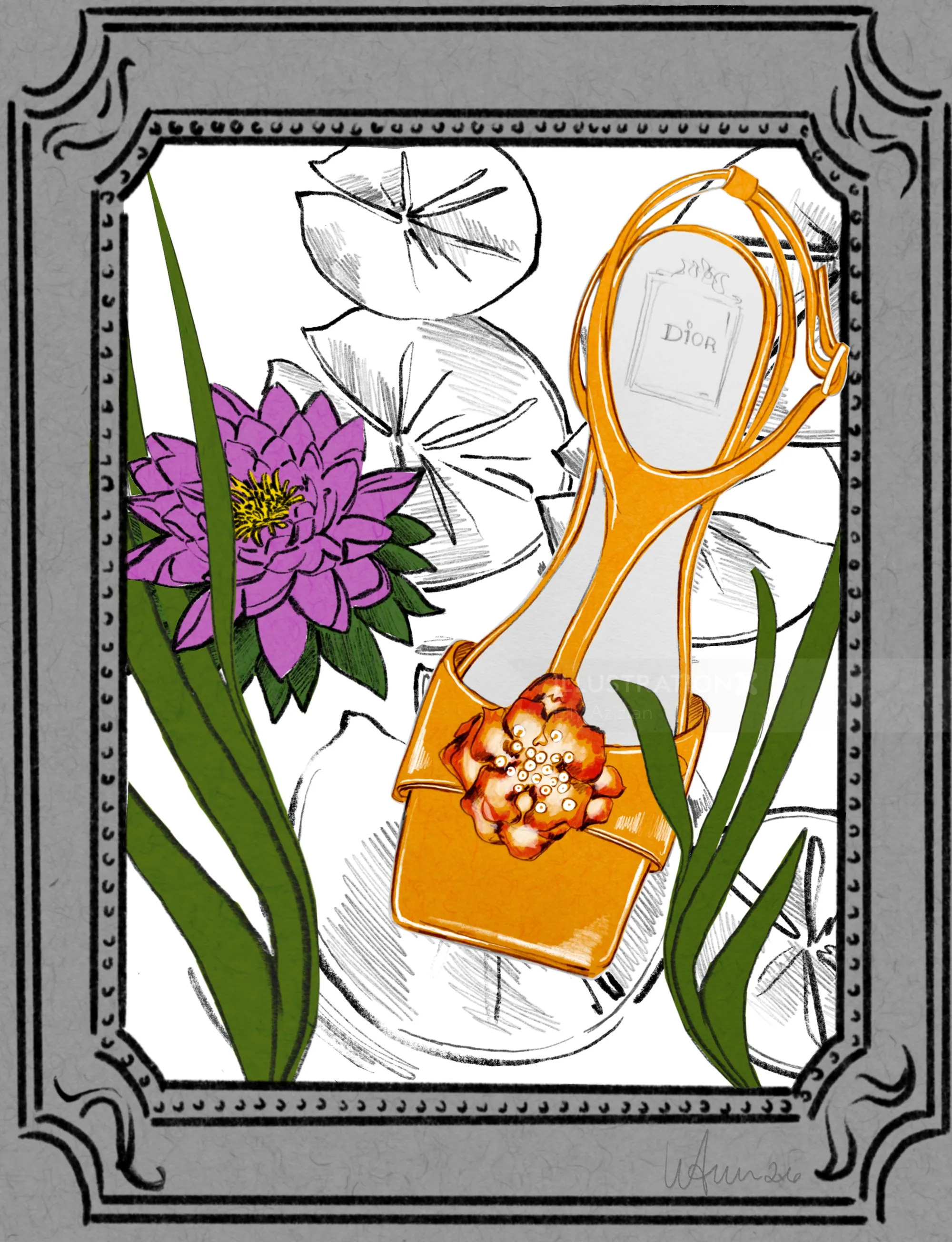 Golden high heel shoe and water lilies illustration by Elly Azizian