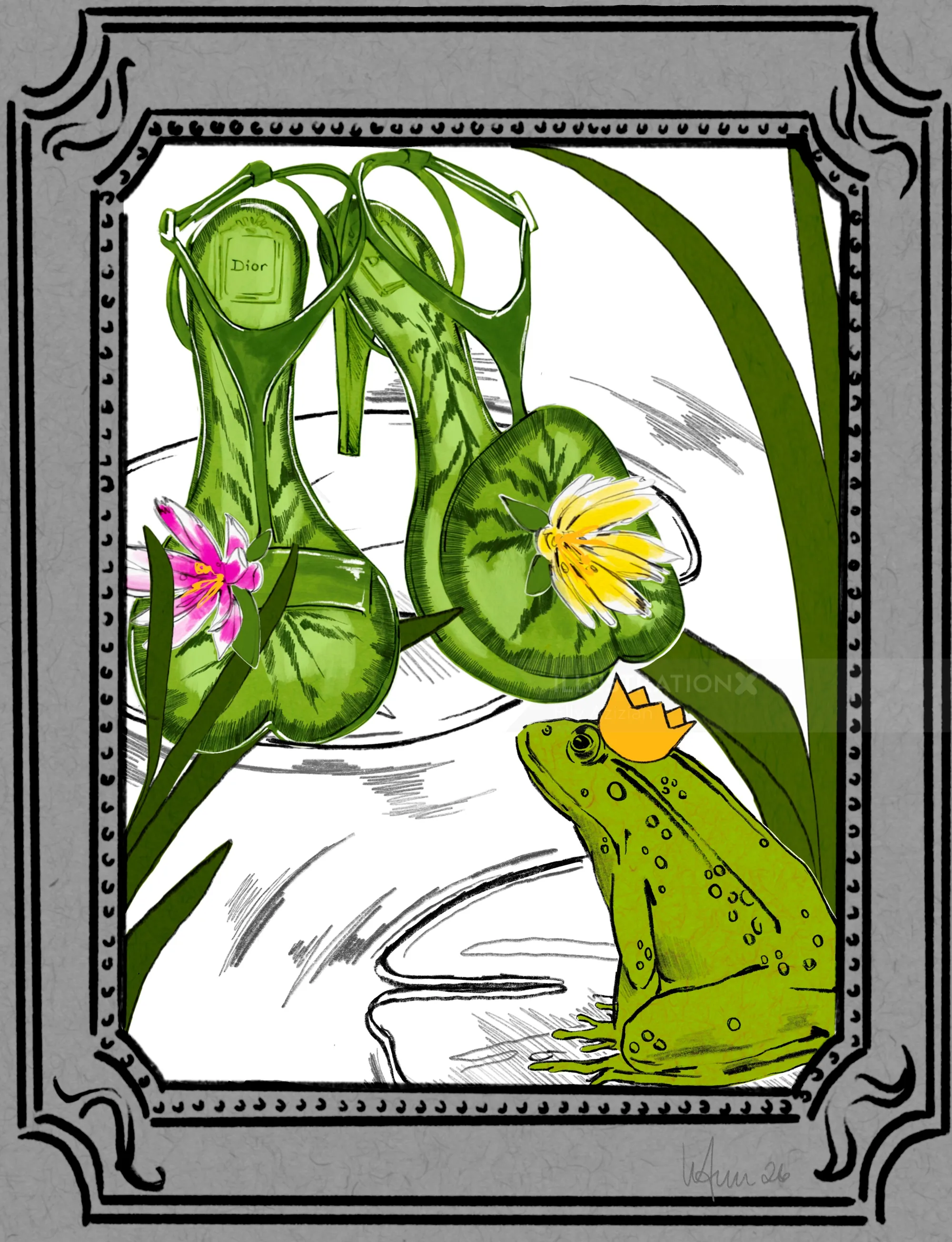 Illustration de chaussures vertes et d'une grenouille par Elly Azizian