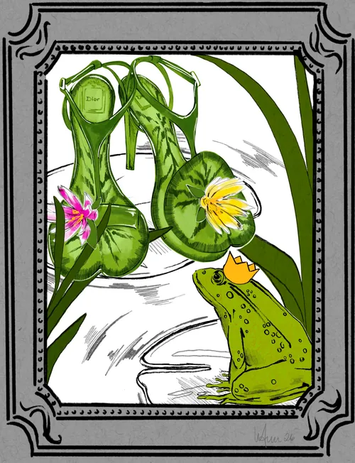 Illustration of green shoes and a frog by Elly Azizian