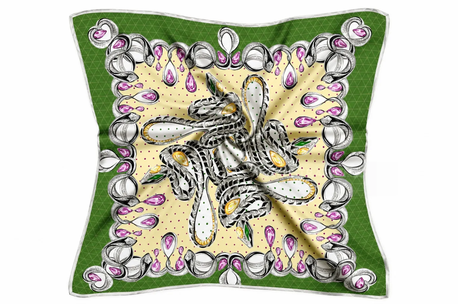 Abstract decorative pattern on green fabric by Elly Azizian