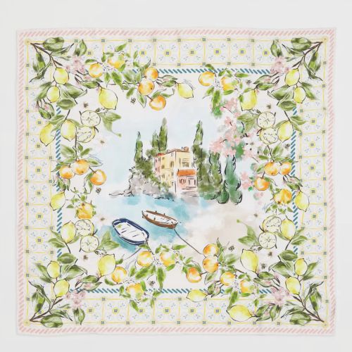 Harrods silk summer scarf with lemons, birds, and countryside scene by Elly Azizian