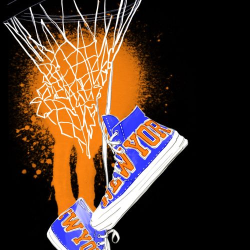 Basketball sneakers with 'New York' text hanging from net by Elly Azizian