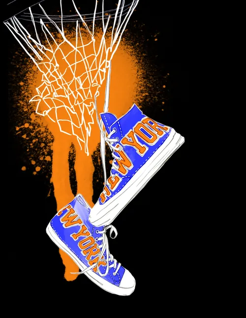 Basketball sneakers with 'New York' text hanging from net by Elly Azizian
