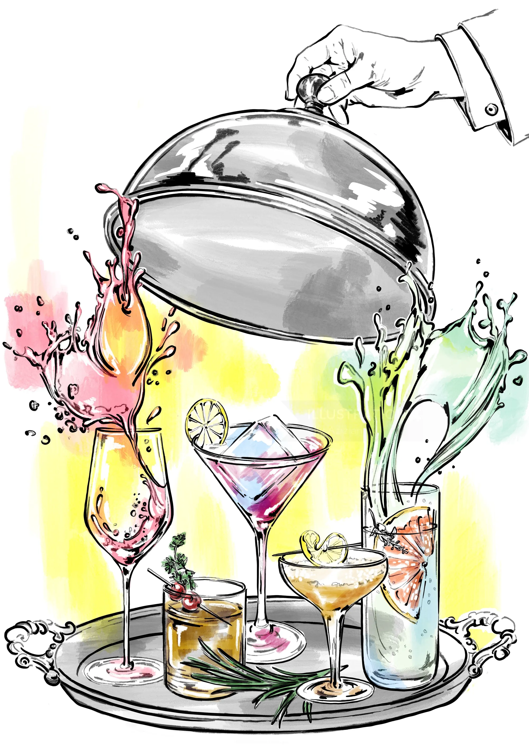 Elly Azizian illustration of a hand lifting a glass dome over colorful cocktails and flowers.