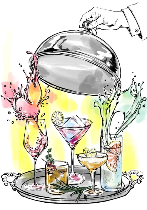 Elly Azizian illustration of a hand lifting a glass dome over colorful cocktails and flowers.