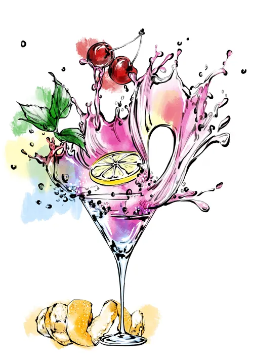 Elly Azizian illustration of a floral pink martini with berries and citrus