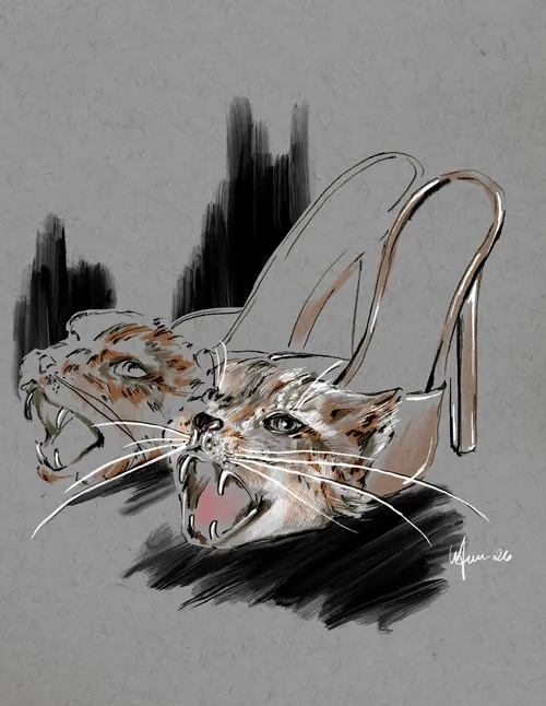 Elly Azizian illustration of two striped cats, one snarling with its mouth open.