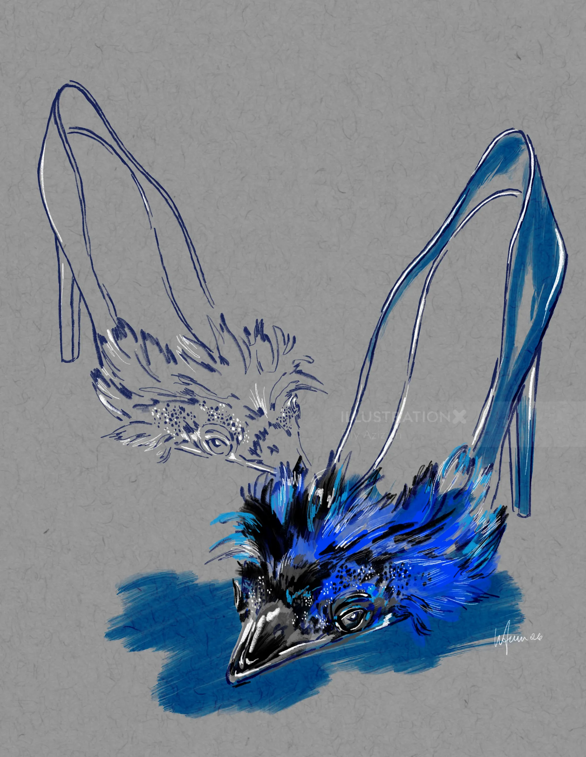 Elly Azizian illustration of a blue feathered high-heeled shoe