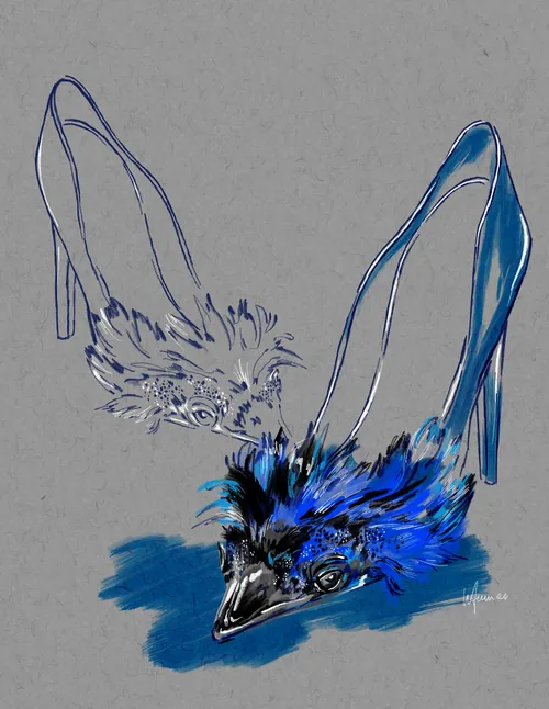 Elly Azizian illustration of a blue feathered high-heeled shoe