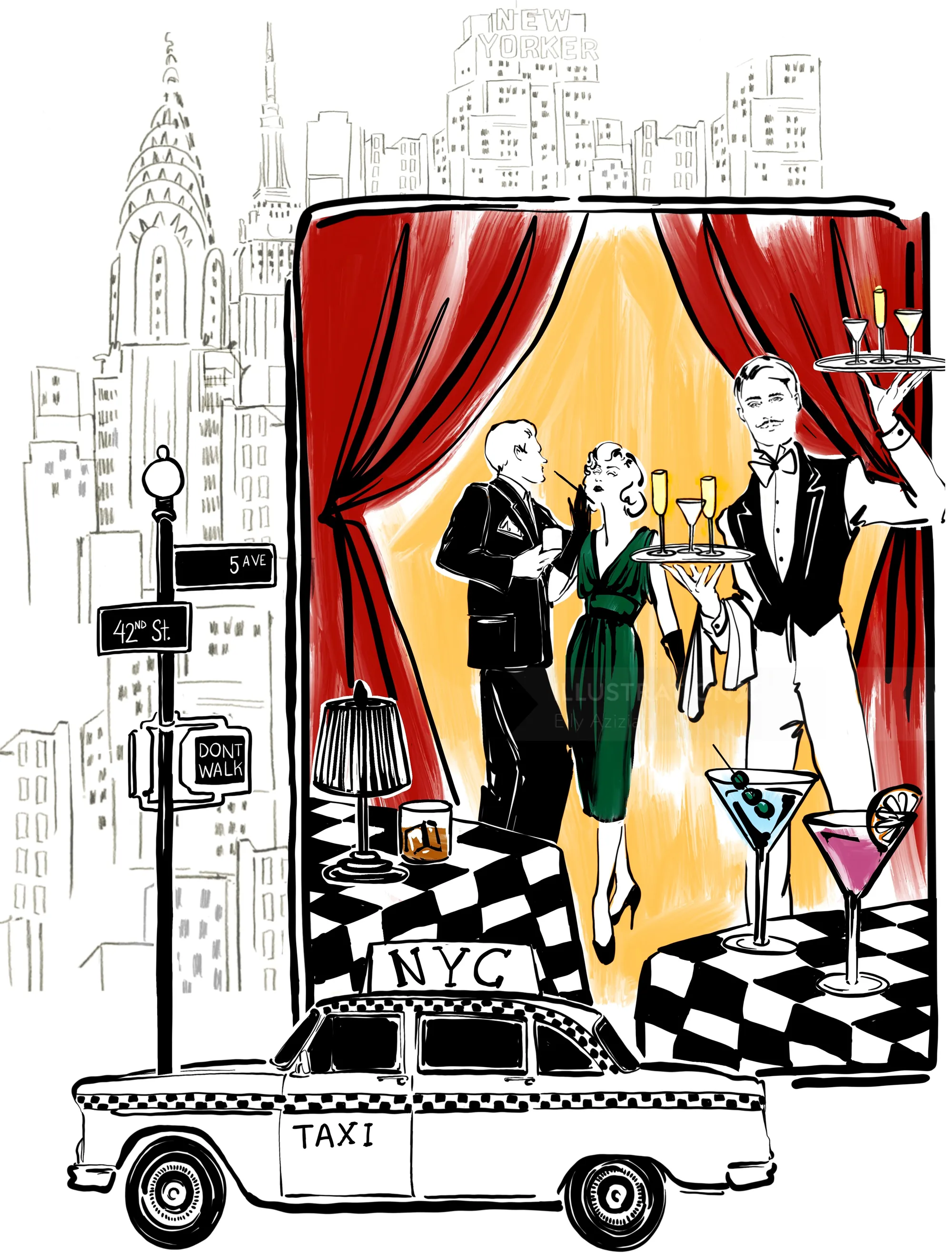Elly Azizian illustration d'un taxi new-yorkais sous une scène de cocktail