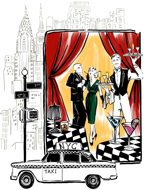 Elly Azizian illustration d'un taxi new-yorkais sous une scène de cocktail