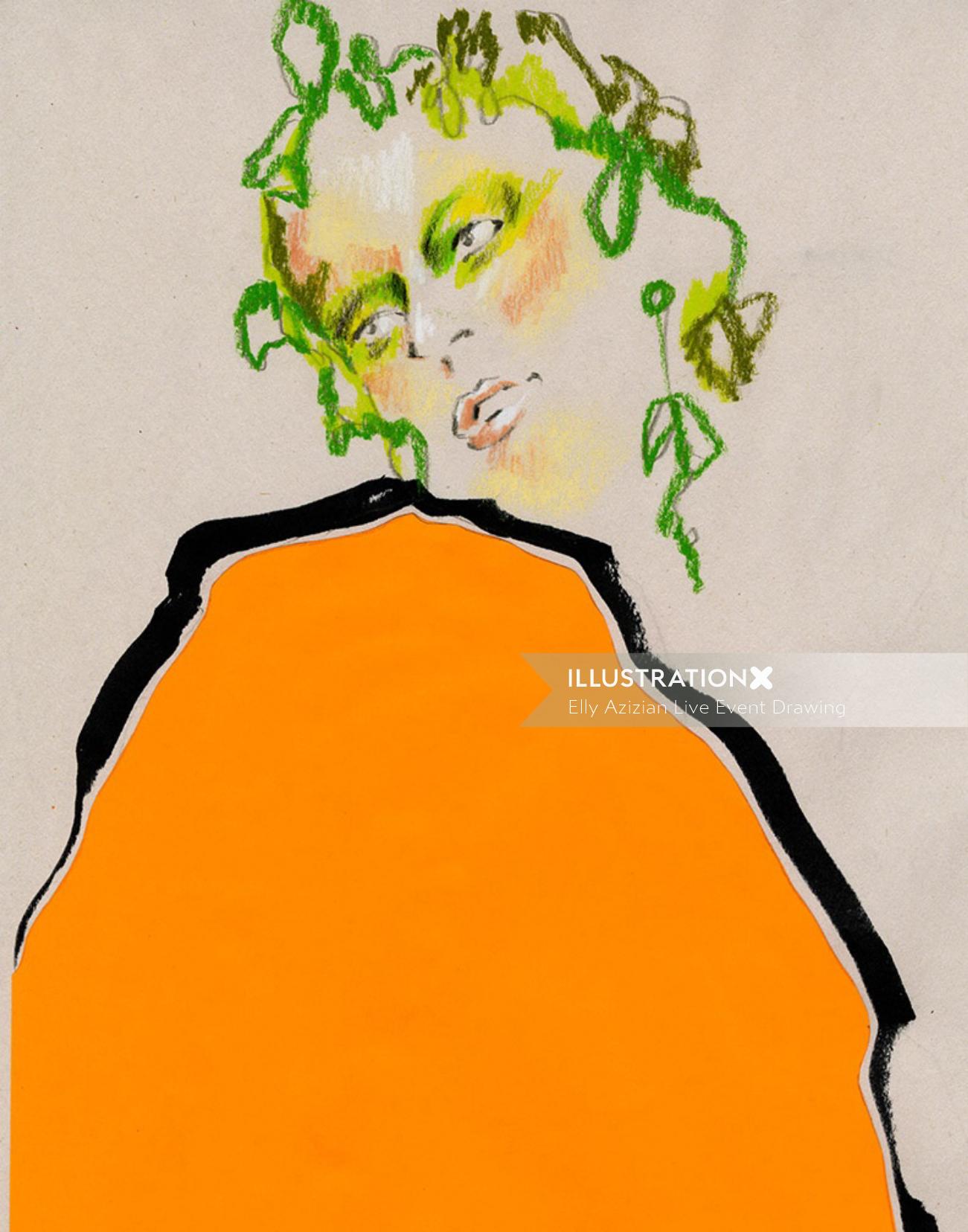 Live Drawing in Orange Dress
