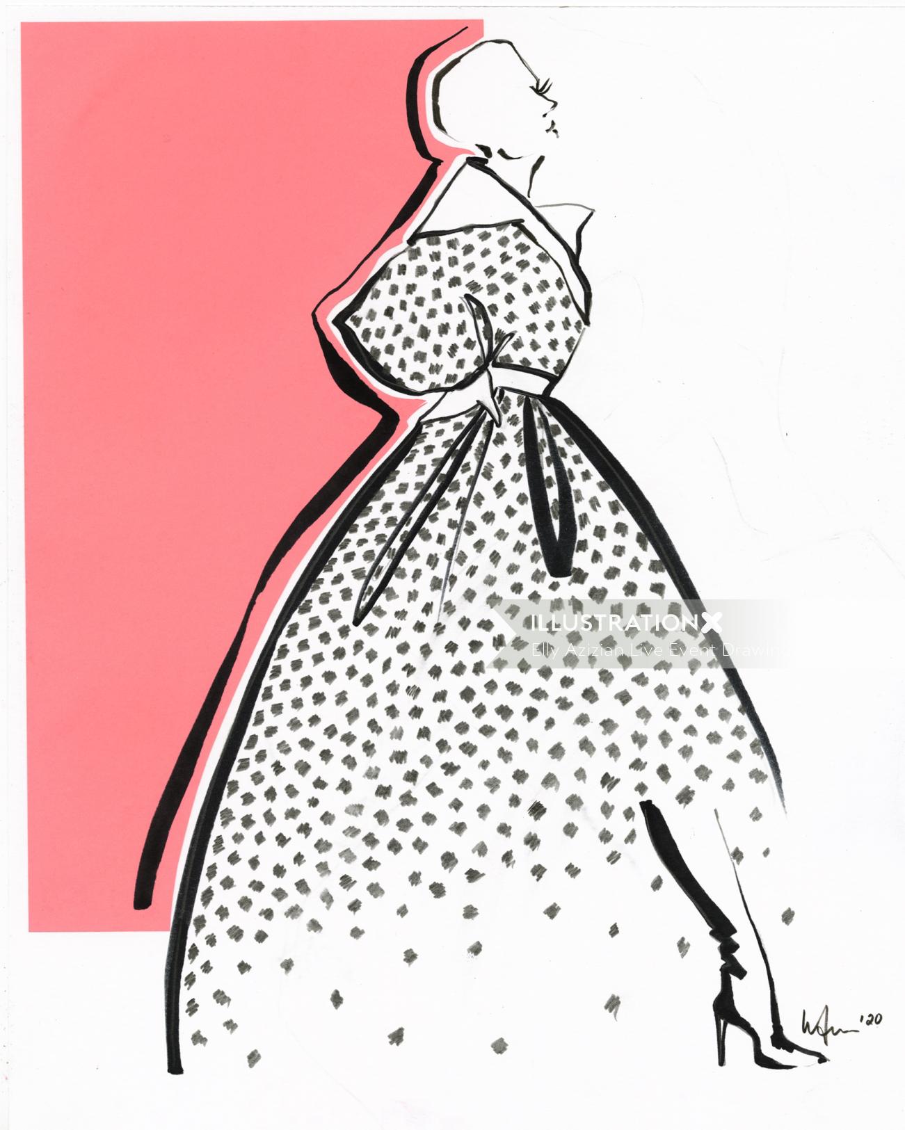 Live Drawing of women with dotted dress
