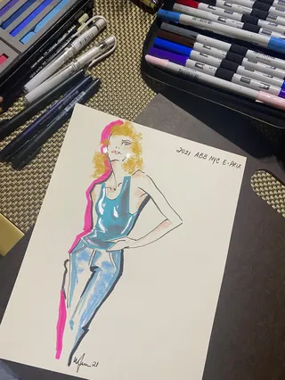 Live Drawing model in blue dress
