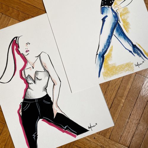 Fashion illustrations of women in stylish poses by Elly Azizian