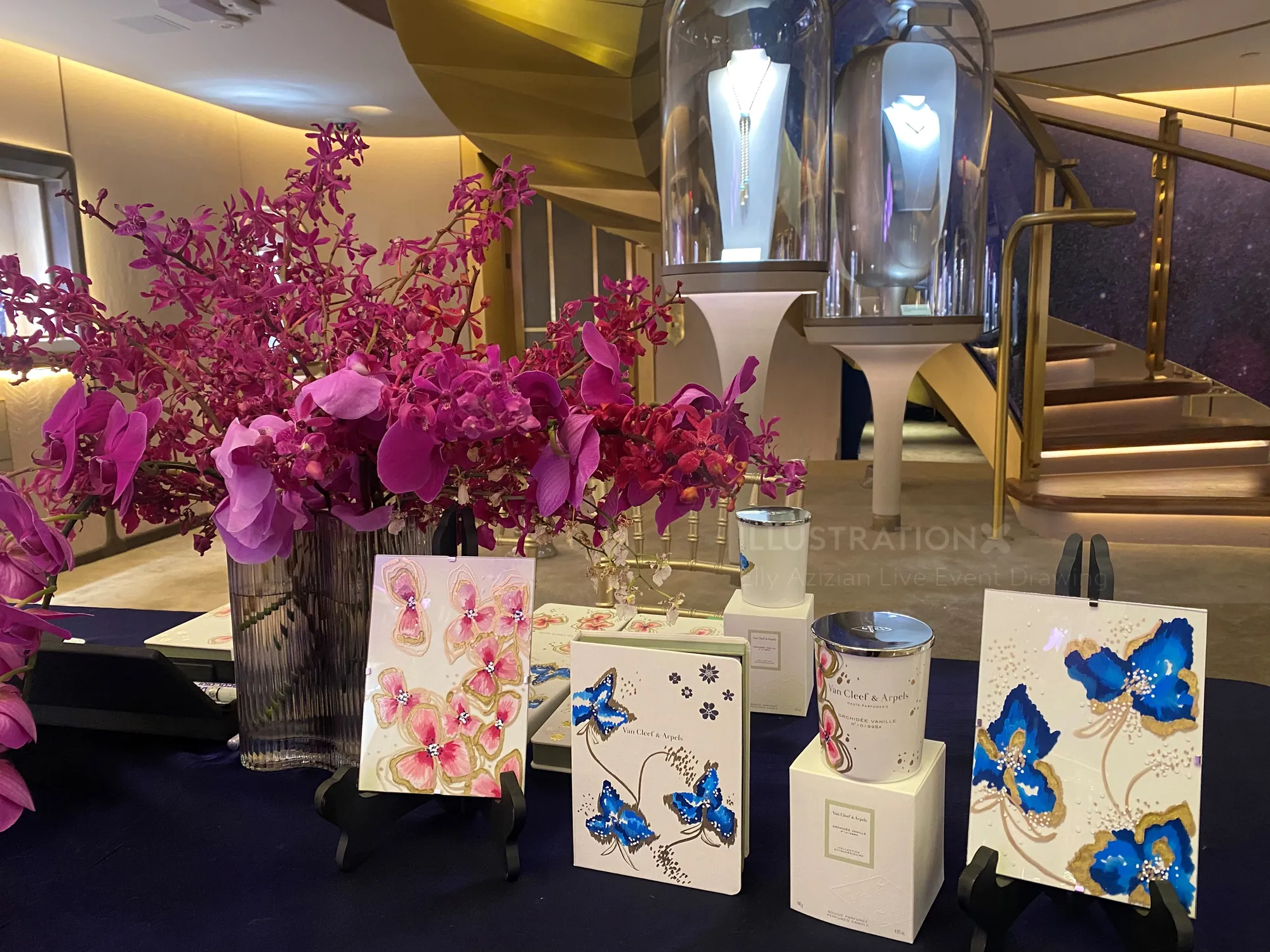 Floral arrangements and blue butterfly art cards by Elly Azizian