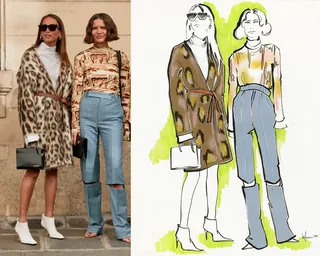Fashion illustration of two women wearing leopard print coat and blue jeans by Elly Azizian