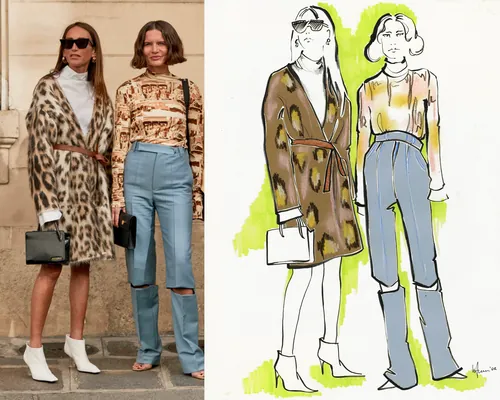 Fashion illustration of two women wearing leopard print coat and blue jeans by Elly Azizian