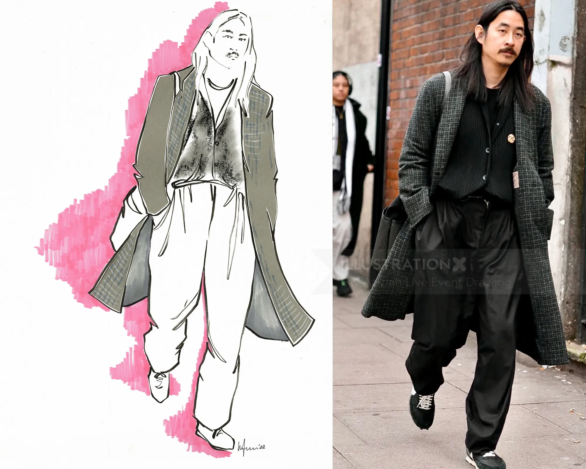 Fashion illustration of a man wearing a long checkered coat and black pants by Elly Azizian