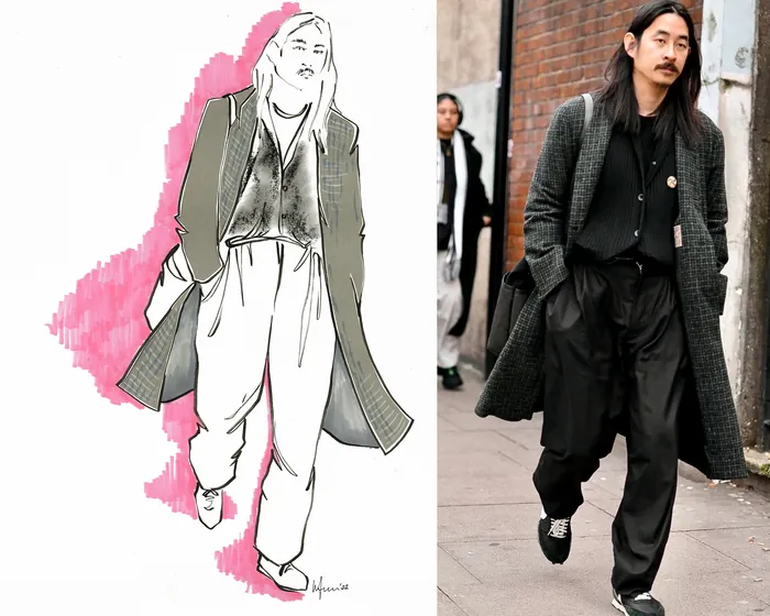 Fashion illustration of a man wearing a long checkered coat and black pants by Elly Azizian
