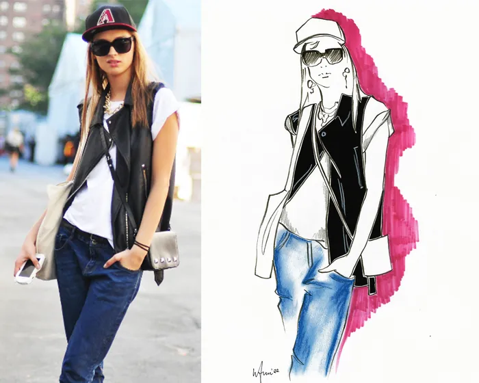 Fashion illustration and photo of woman in sunglasses, hat, vest, and jeans by Elly Azizian