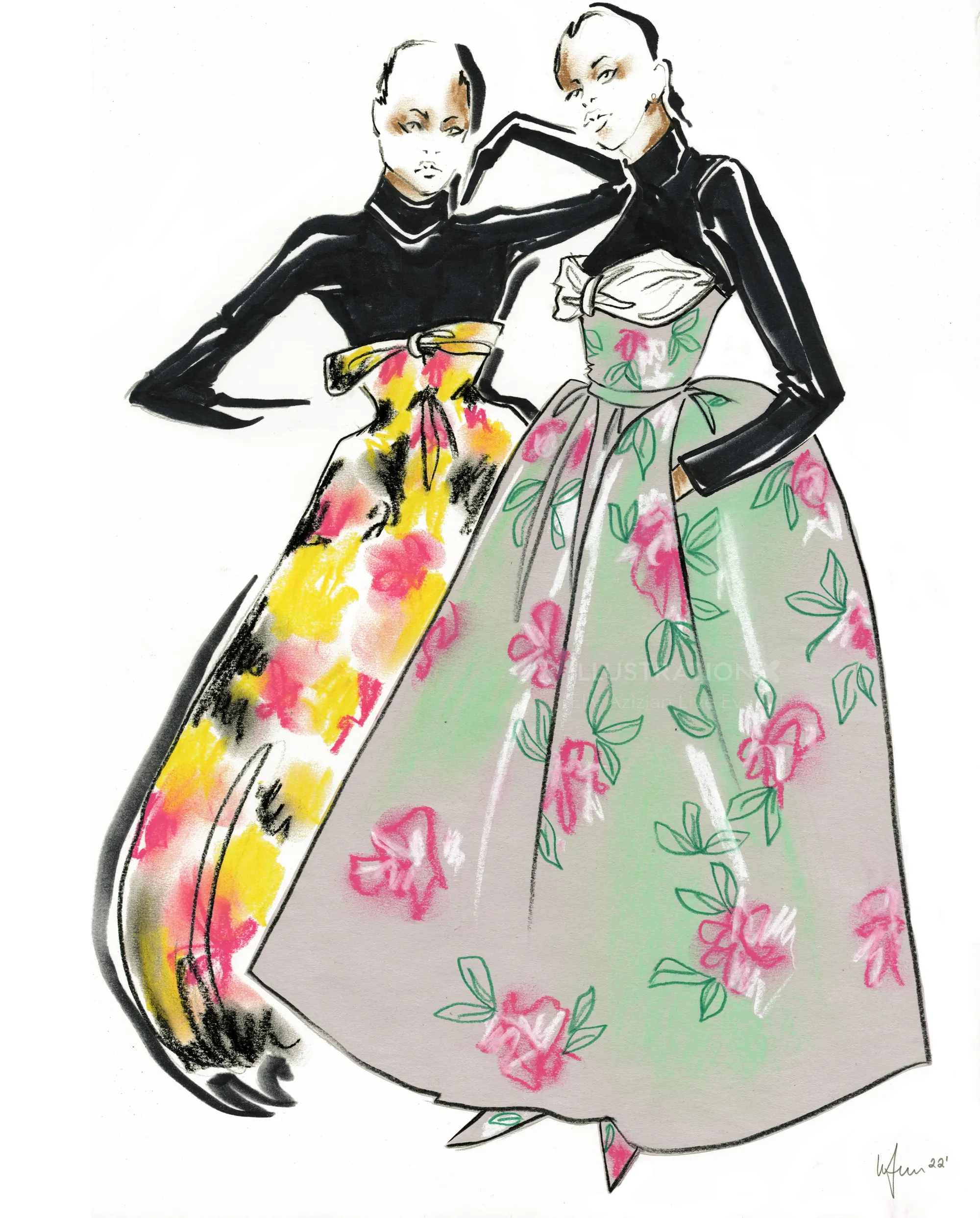 Ilustración de moda de dos modelos con vestidos florales por Elly Azizian